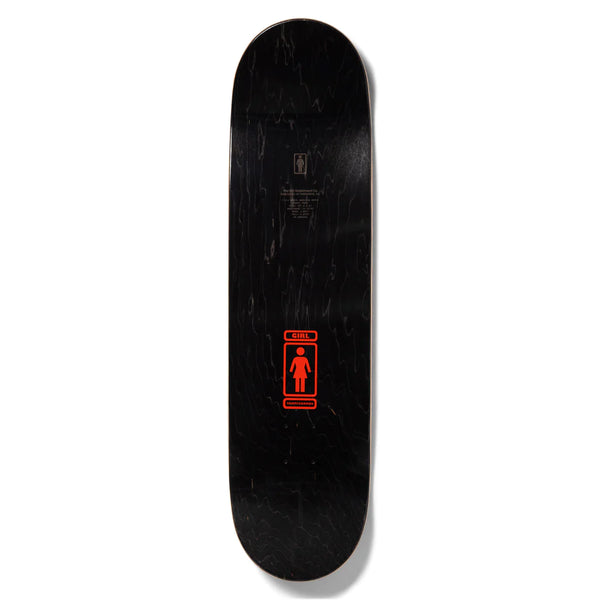 The top of a black stained skateboard deck with the girl logo printed small.