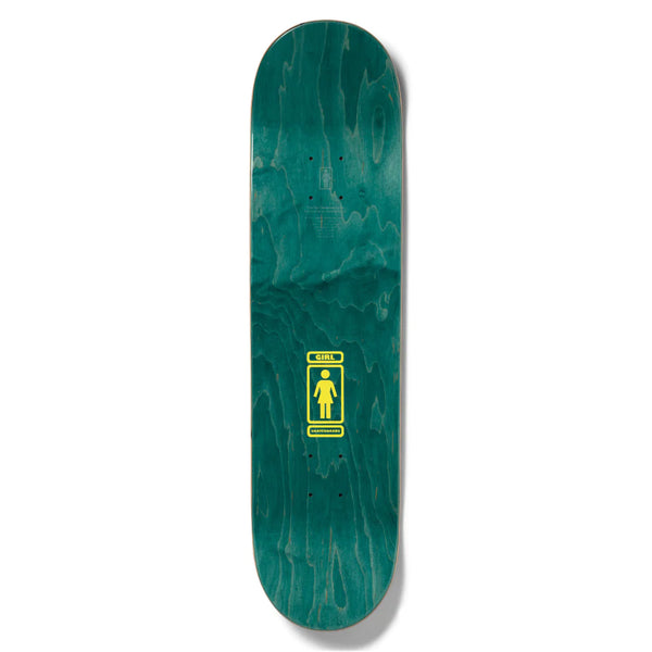 The top of a teal stained skateboard and the girl logo printed small in yellow.