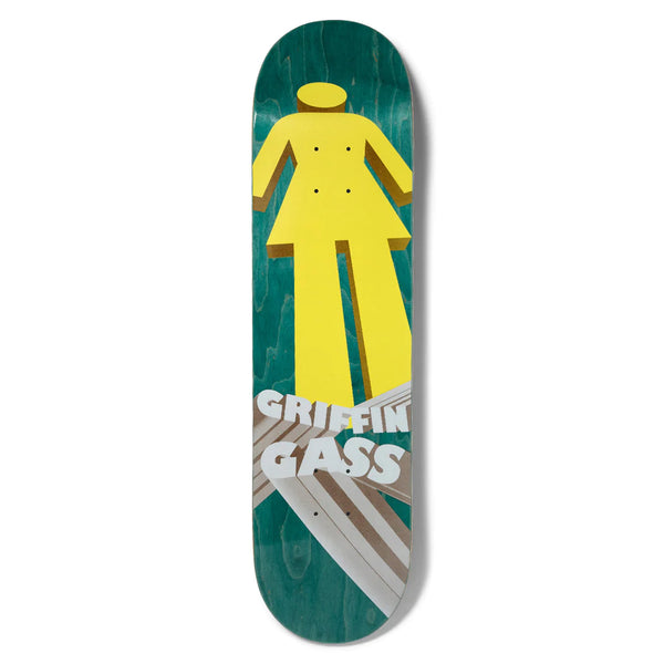 A teal stained skateboard with a big yellow print of the 3D girl symbol and the name "Griffin Gass".