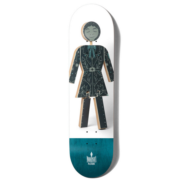A GIRL skateboard featuring an image of a girl in a dress.