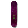 The top of a purple stained skateboard with the girl logo printed small in lime green.