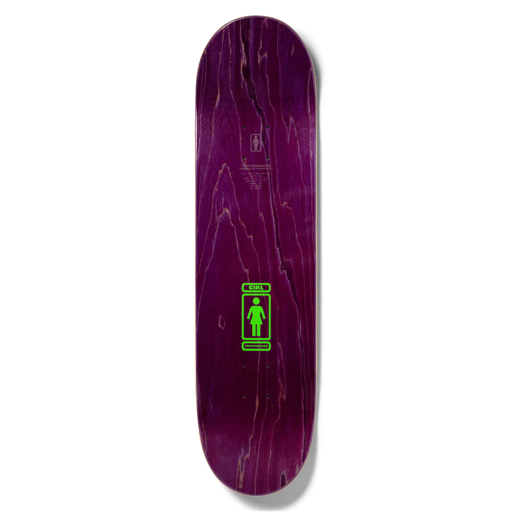 The top of a purple stained skateboard with the girl logo printed small in lime green.