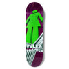 A purple stained skateboard deck with a giant green 3D image of the girl symbol and the name "Tyler Pacheco".