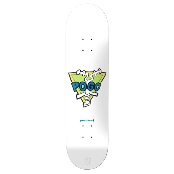 A white GIRL skateboard with the logo GIRL PACHECO POGO ONE OFF on it.