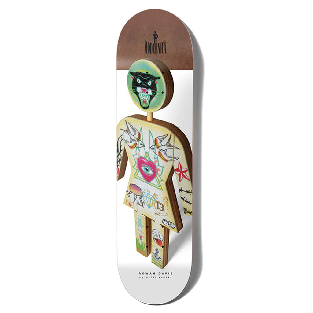 The GIRL MODERNICA DAVIS X NATAS skateboard deck by GIRL features a stylized figure with colorful, abstract designs, echoing the iconic Lance Mountain style.