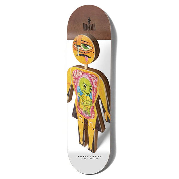 This GIRL MODERNICA GEERING X TEMPLETON skateboard deck features a stylized figure with colorful abstract design, anatomical details, and a large eye on the face, blending the essence of Girl X Pac-Man into its vibrant aesthetics.