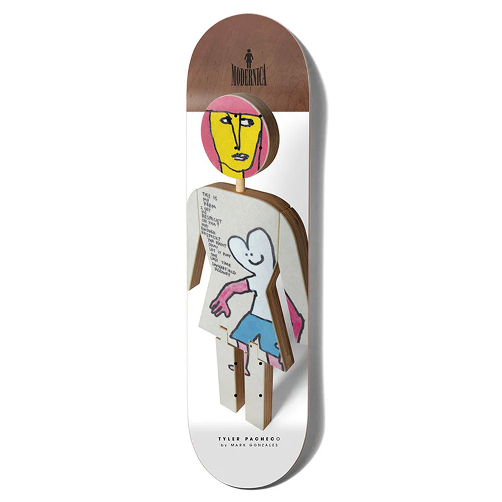 GIRL MODERNICA PACHECO X GONZ skateboard by GIRL showcases Davis artwork with a stylized figure and colorful face on the deck.