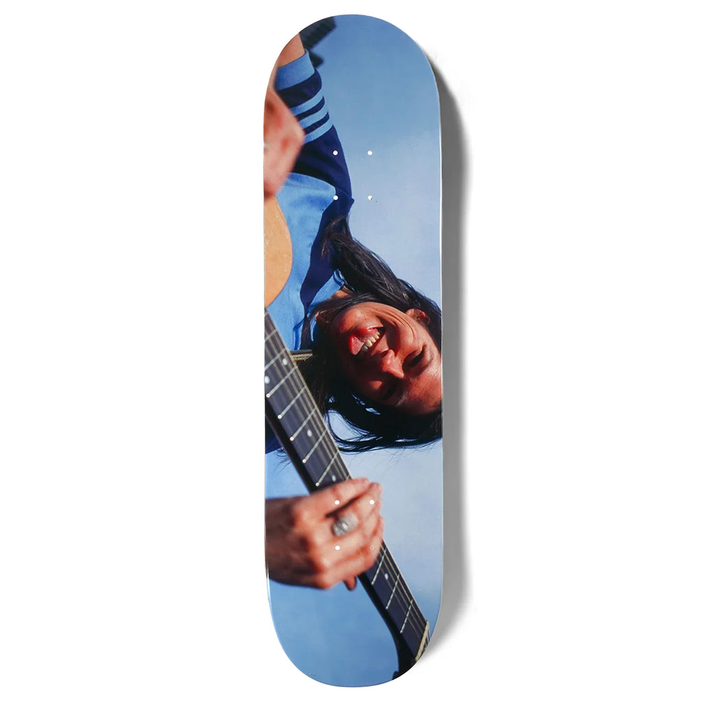 GIRL GIRL SPIKE PHOTO KIM DEAL skateboard with a graphic of Kim Deal playing a guitar, smiling and looking up.