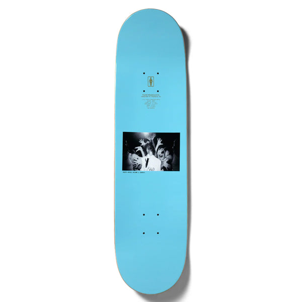 A light blue skateboard deck featuring a black and white GIRL SPIKE PHOTO KAREN O of people with raised hands in the center by GIRL.