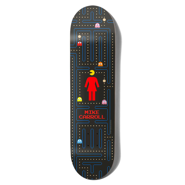 The GIRL X PAC-MAN CARROLL skateboard deck showcases a vibrant Pac-Man maze design with a red figure, various ghosts, and "Mike Carroll" written in red text at the bottom. This exclusive deck from the GIRL brand beautifully merges timeless gaming nostalgia with contemporary skateboarding allure.