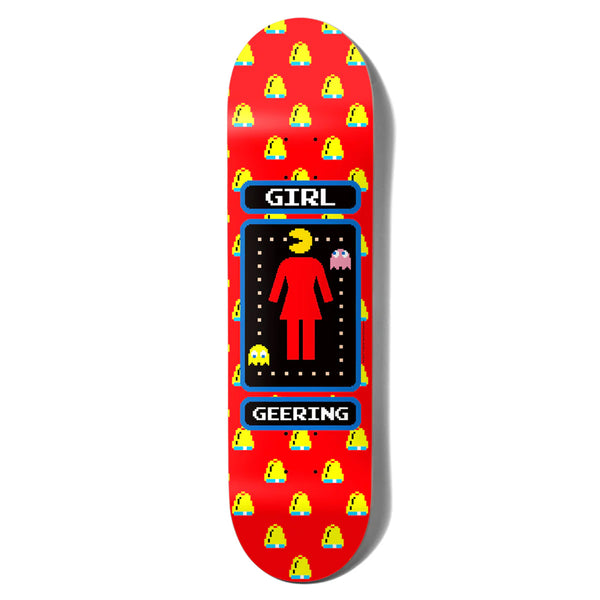 Introducing the GIRL X PAC-MAN GEERING skateboard deck, designed with a retro arcade game theme that features a red stick figure and yellow ghost-like characters set against a vibrant red background. The deck prominently displays the words "GIRL" and "GEERING," representing its place in the exclusive GIRL X PAC-MAN series. Crafted to Carroll G053 dimensions, this skateboard deck offers optimal performance for all your skating needs.