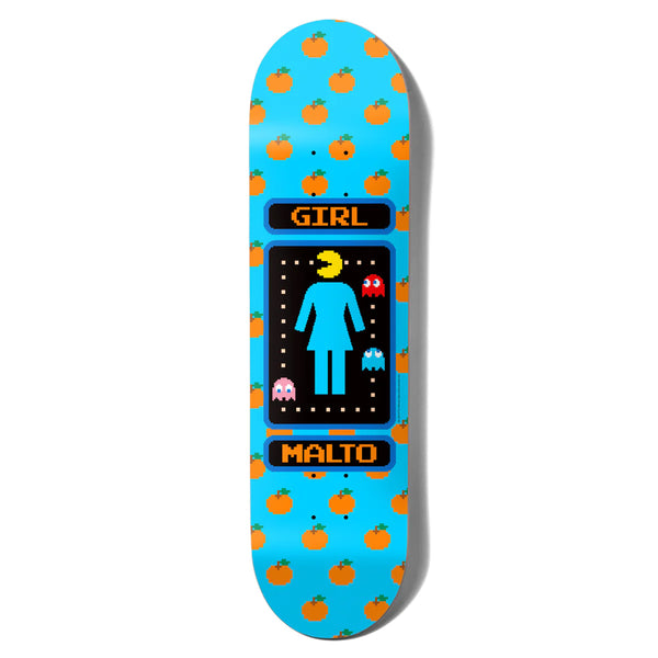 The GIRL X PAC-MAN MALTO skateboard by GIRL features a light blue deck adorned with a pixel art design, orange dots, a female figure icon, and the words "GIRL" and "MALTO." Its dimensions are perfect for both street and park skating.