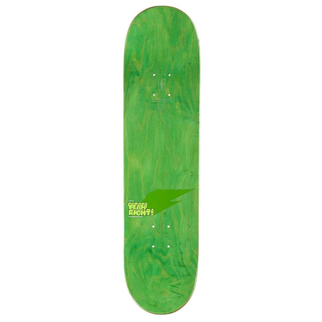 A green skateboard with a green GIRL YEAH RIGHT 20 YEAR HOLOGRAPHIC logo on it.