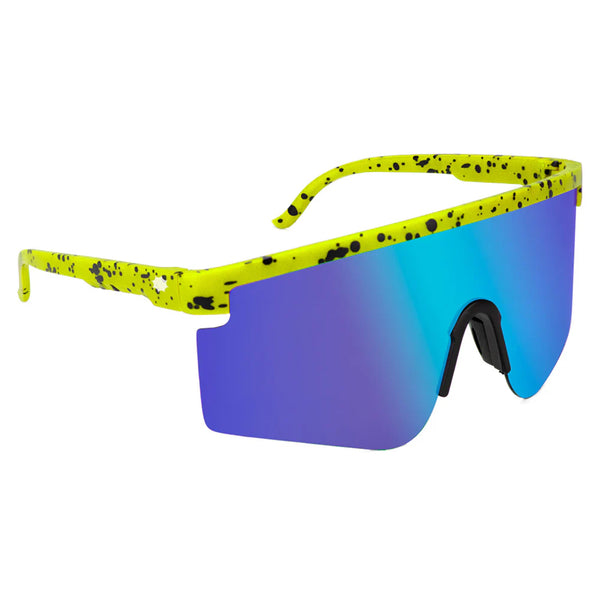 Sporty polarized sunglasses with a Glassy Mojave Lime frame and a large blue mirror lens.