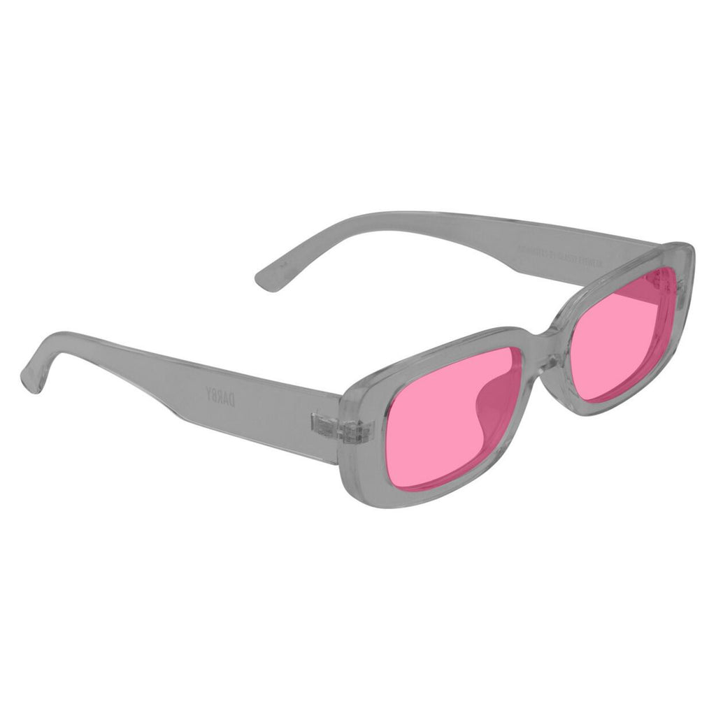 plastic, thinner rectangular shaped glasses with pink lens