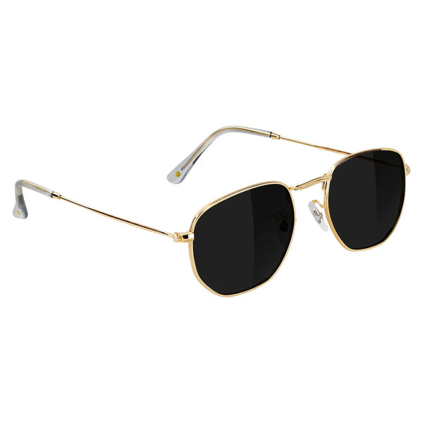 GLASSY TURNER POLARIZED GOLD aviator sunglasses with polarized black lenses on a white background.