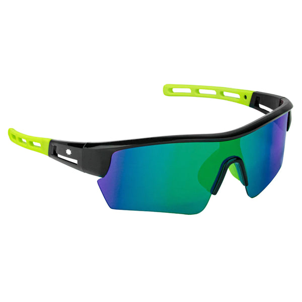single frame visor style sunglasses, hinged split black and lime green arms