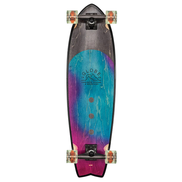 A GLOBE skateboard with a purple and blue paint job.