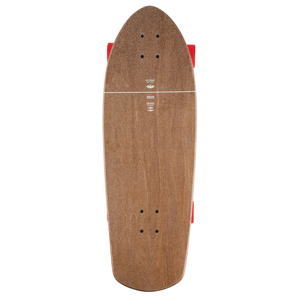 A GLOBE STUBBY 10" CRUISER ONSHORE / CHERRY BAMBOO skateboard with red wheels on a white background.