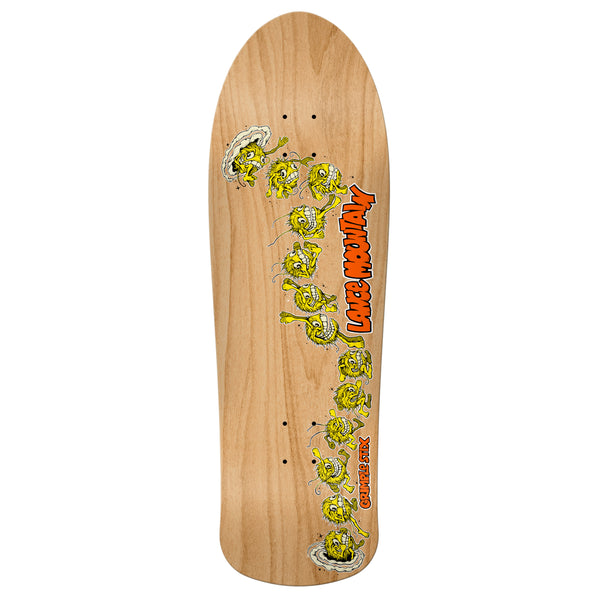 An old school shaped deck with unstained wood and a print of tiny grimple stix characters jumping around. 