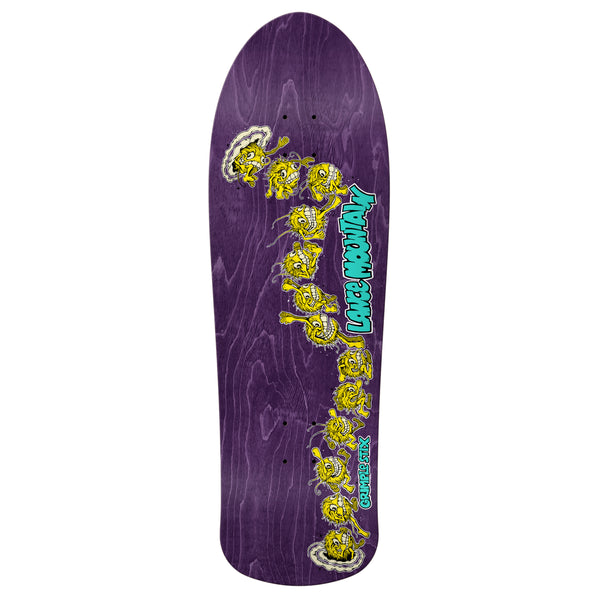 An Antihero GRIMPLE LANCE SKATESHOP DAY skateboard deck with a purple and yellow design.