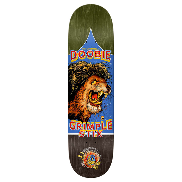 The ANTIHERO GRIMPLESTIX DOOBIE OBVIOUS GREATS skateboard deck features a roaring lion on blue, labeled “The Ultimate Doobie Grimple S-Tix,” and is designed with a shorter wheelbase for enhanced responsiveness.