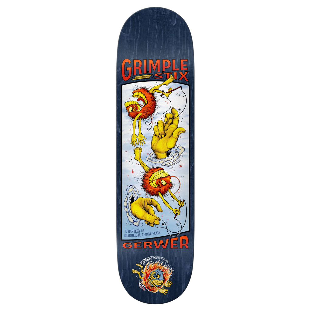 The ANTIHERO GRIMPLESTIX GERWER OBVIOUS GREATS 8.25" skateboard deck features dark graphics with illustrated yellow hands, orange creatures, water splashes, and both "GRIMPLE STIX" and "GERWER OBVIOUS GREATS" text.