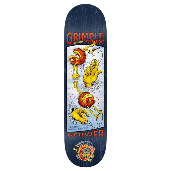 The ANTIHERO GRIMPLESTIX GERWER OBVIOUS GREATS 8.25" skateboard deck features dark graphics with illustrated yellow hands, orange creatures, water splashes, and both "GRIMPLE STIX" and "GERWER OBVIOUS GREATS" text.