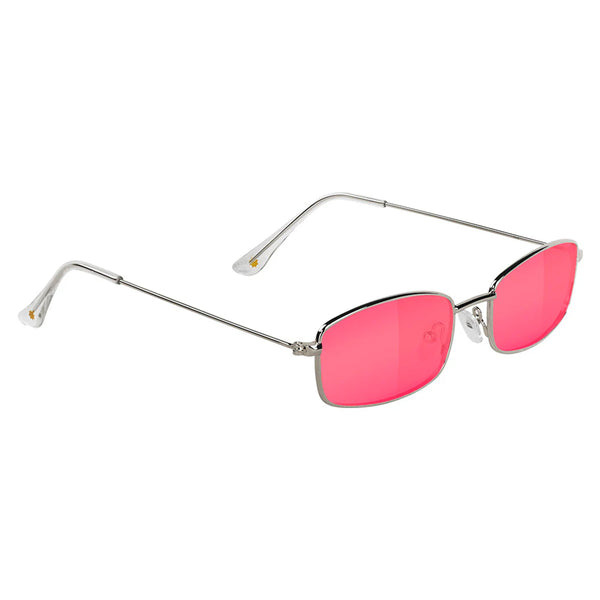 A pair of GLASSY sunglasses with pink lenses and a thin silver frame, isolated on a white background.