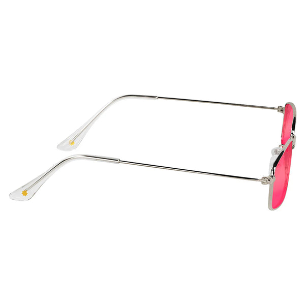 A pair of pink, circular-framed Glassy Sunhaters Rae Polarized Silver sunglasses with thin metal arms, isolated on a white background.