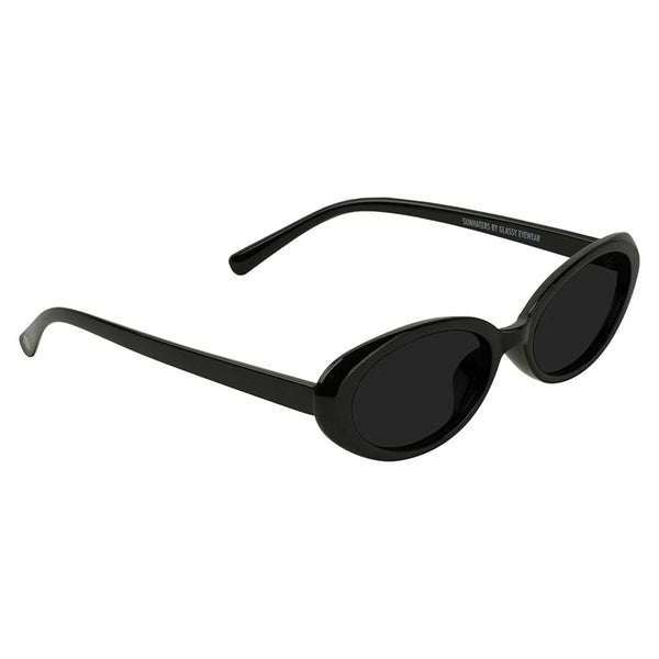 A pair of GLASSY STANTON BLACK oval sunglasses with sleek frames and "uv400 protection" printed in white on the left arm feature gradient smoke lenses.