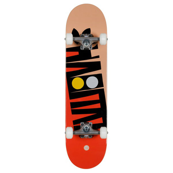 Red skateboard with abstract black and multicolored design on the deck by HABITAT.