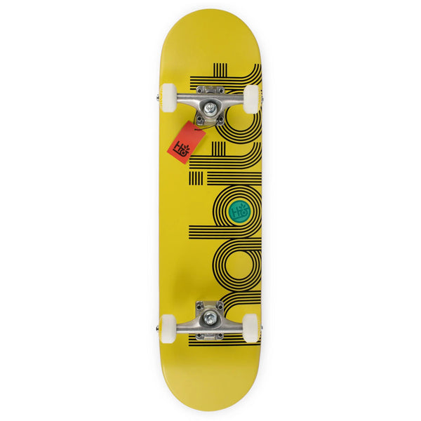 HABITAT ELLIPSE COMPLETE YELLOW skateboard with black stripe pattern and green wheel accents, complete 7.75.