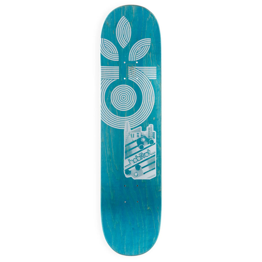 A blue HABITAT JANOKSI AUDIOCENTRIC skateboard with a white HABITAT logo on it.