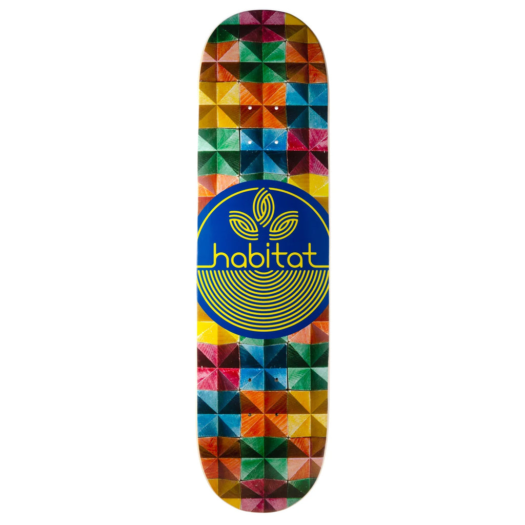A Habitat Modular Blue skateboard with the Habitat logo on it.