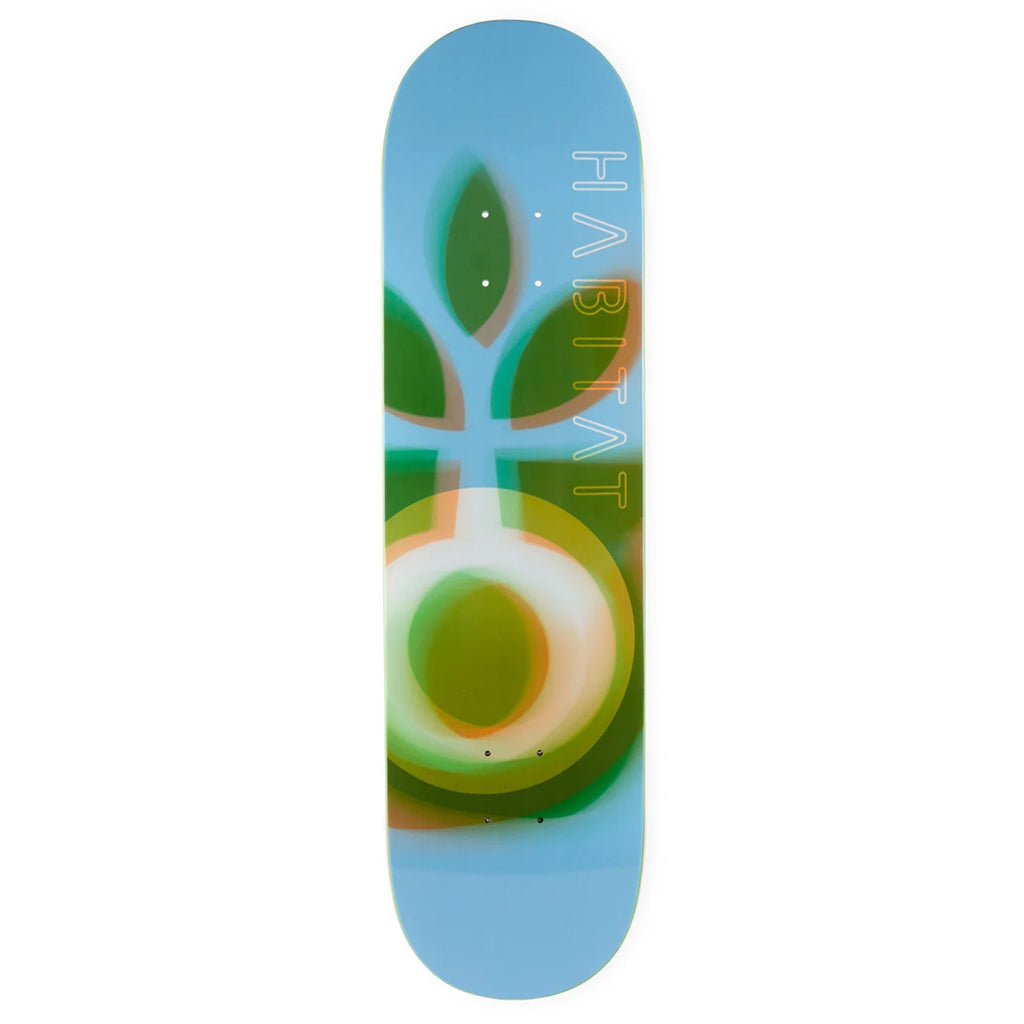 a HABITAT TRACERS BLUE skateboard with a picture of a flower on it.