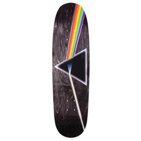 HABITAT skateboard deck with a dark wood grain background and a "Dark Side of the Moon" Pink Floyd rainbow prism design.