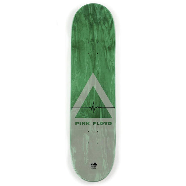 Green HABITAT X PINK FLOYD DARK SIDE OF THE MOON skateboard deck with DARK SIDE OF THE MOON logo and graphic design.