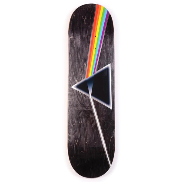 Skateboard with a black background and HABITAT X PINK FLOYD DARK SIDE OF THE MOON rainbow prism design.