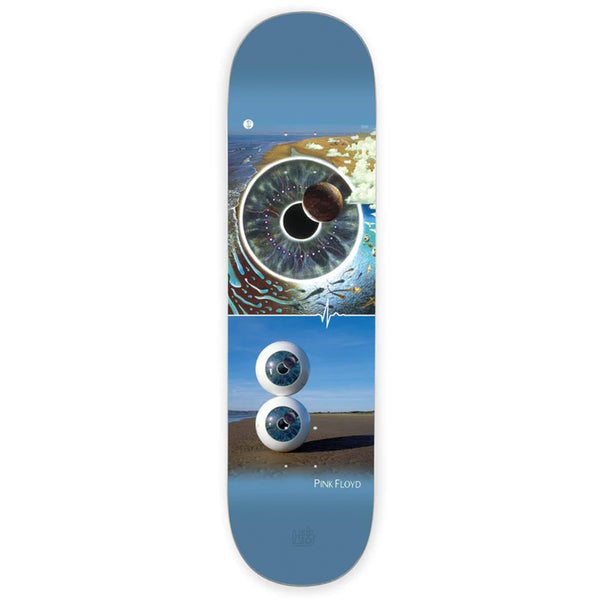 A Habitat skateboard deck with a graphic design inspired by the album art of Pink Floyd's "Pulse".