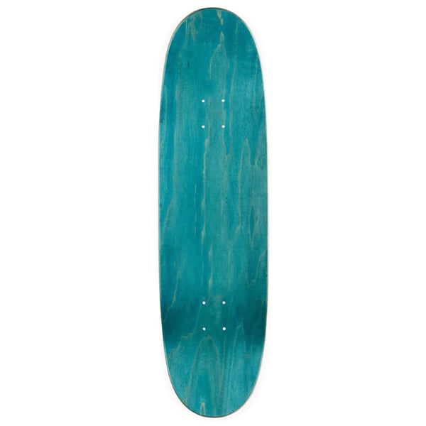 A blue "HABITAT X PINK FLOYD WISH YOU WERE HERE SHAPED" skateboard deck with a wood grain pattern, viewed from above.