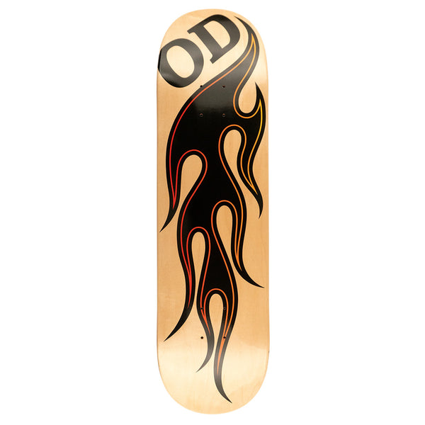The HARDBODY OD FLAME NATURAL VENEER skateboard deck features a black and red flame graphic with bold "OD" letters on an 8.25" natural wood veneer, from HARDBODY.