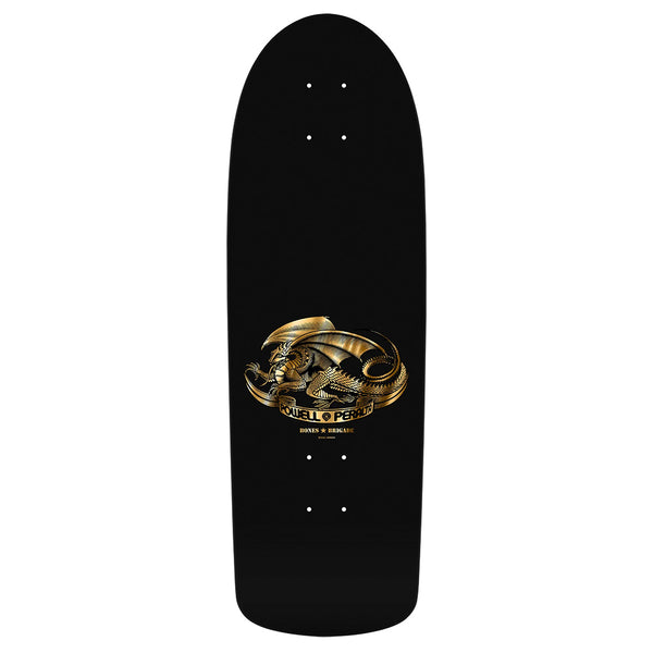 The POWELL PERALTA BONES BRIGADE HAWK SERIES 16 deck showcases a gold dragon graphic with "Powell Peralta" elegantly written underneath, embodying the rebellious spirit of the iconic Bones Brigade.