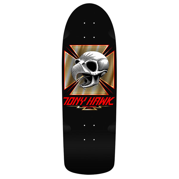 The POWELL PERALTA BONES BRIGADE HAWK SERIES 16 skateboard deck showcases a silver skull on a red and gold backdrop. "TONY HAWK" is prominently featured in red, echoing the classic Powell Peralta style.