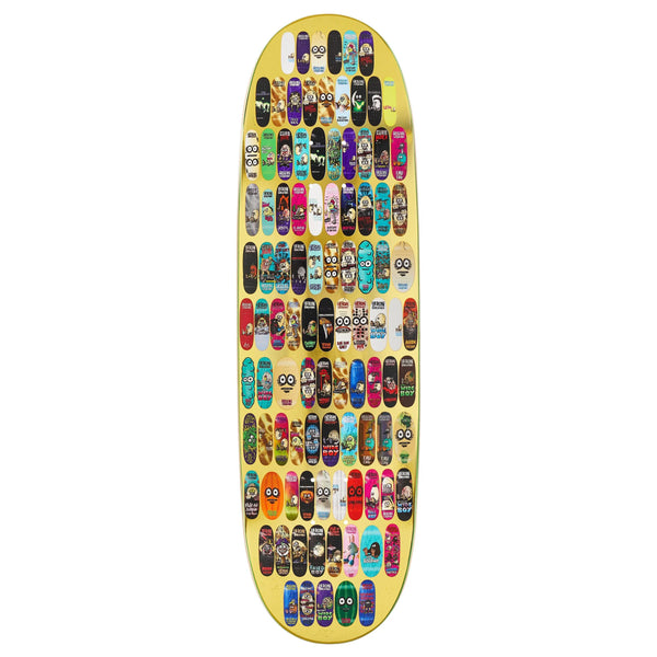 The HEROIN 100TH EGG skateboard deck features a yellow base with a grid of vibrant skateboard graphics, including the number 88, and is crafted from durable North American Hard Rock Maple. Width: 9.125".