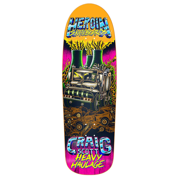 A skateboard deck with an image of a guy driving a truck in a nuclear zone while crushing other cars.