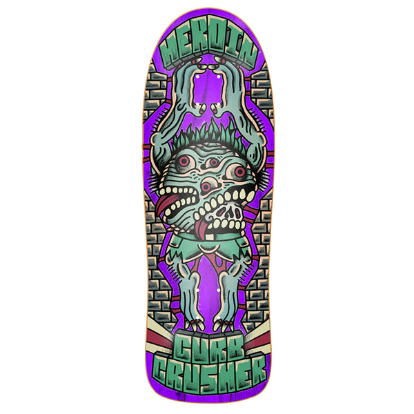 A purple stained skateboard deck with an image of a of creature with lots of eyes and two mouths, inbetween bricks.