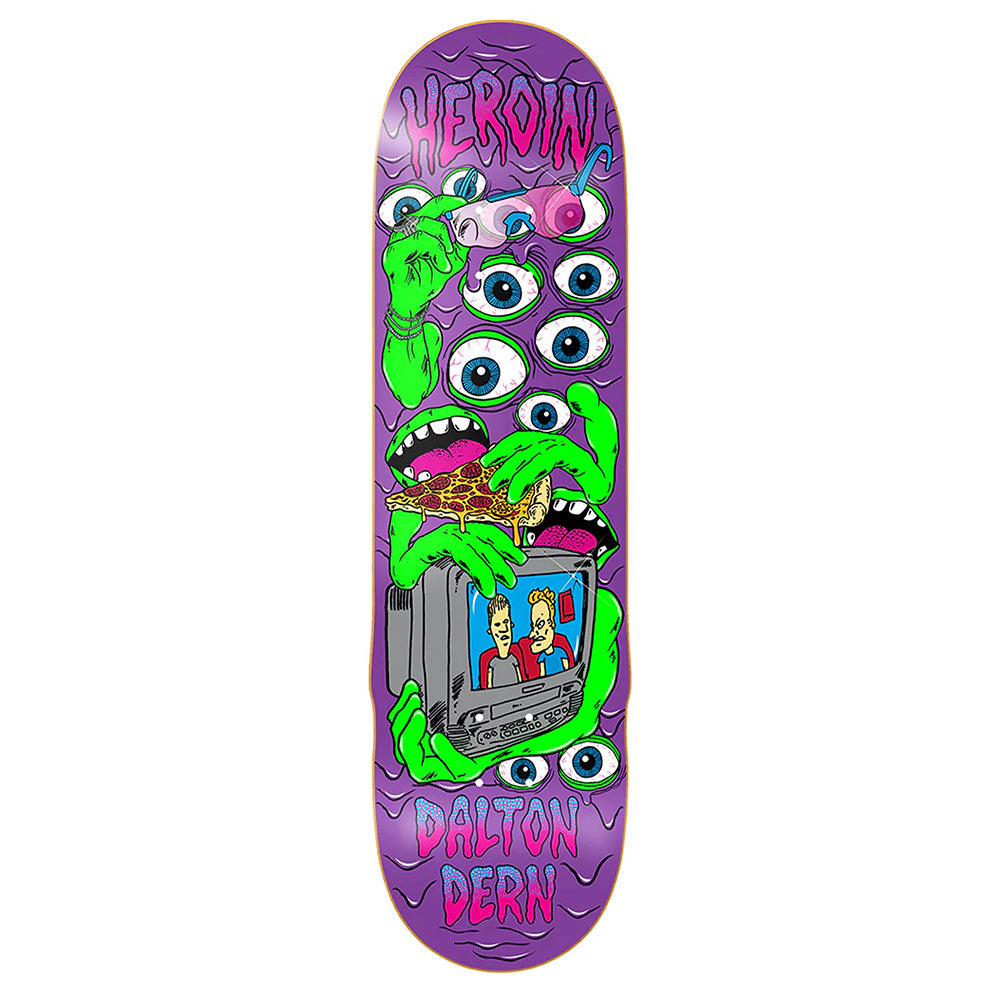 The HEROIN DALTON DERN MUTATE OR DIE 8.75" skateboard deck by HEROIN is made from North American Hard Rock Maple and features cartoon eyes, green hands with pizza, a TV with two characters, and branding text.