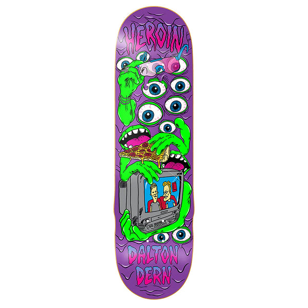 The HEROIN DALTON DERN MUTATE OR DIE 8.75" skateboard deck by HEROIN is made from North American Hard Rock Maple and features cartoon eyes, green hands with pizza, a TV with two characters, and branding text.