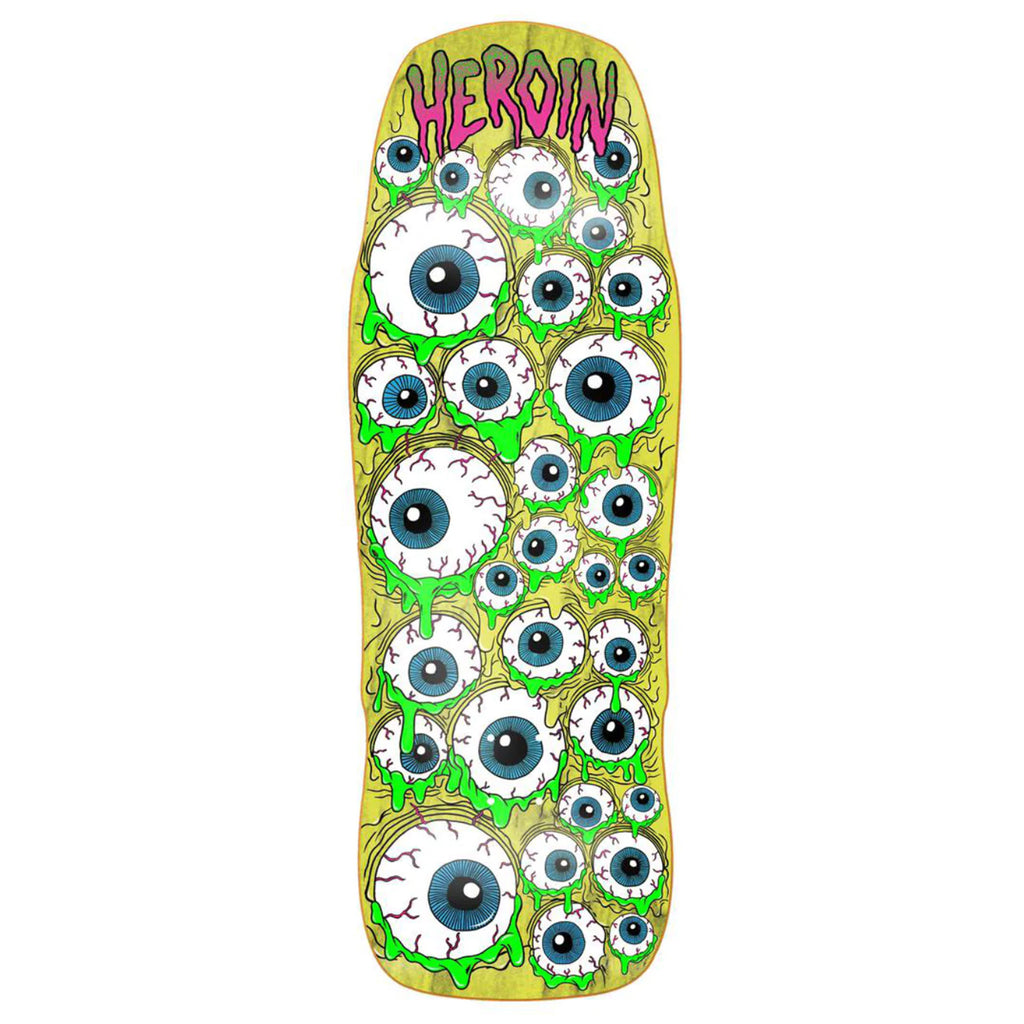 graphic oozing eyeballs skateboard with veneer stained background